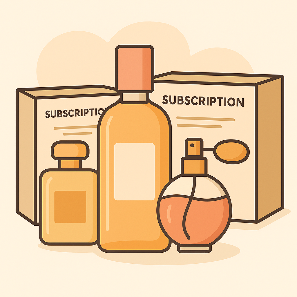 Illustration of perfume subscription boxes and fragrance bottles